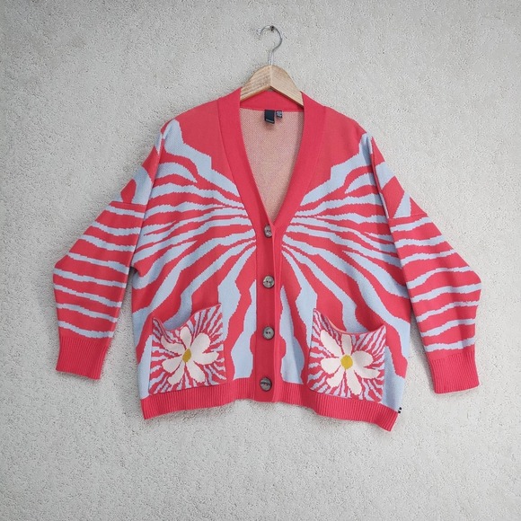 Shannon Passero Sweaters - Shannon Passero Cardigan Womens O/S Coral Blue Daisy Graphic Knit Button Pockets